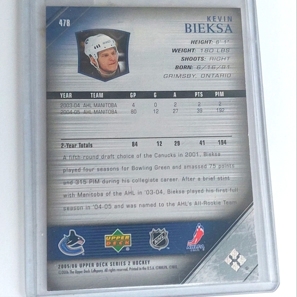 Kevin Bieksa Upper Deck Young Guns Rookie Card 2005/06 Card #478 Canucks - Picture 2 of 2
